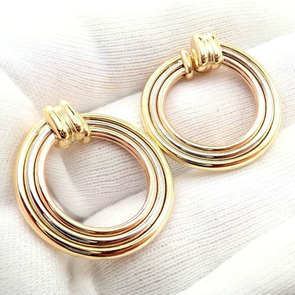 Authentic! Cartier 18k Tri-Color Gold Large Trinity Hoop Earrings - Picture 3 of 12